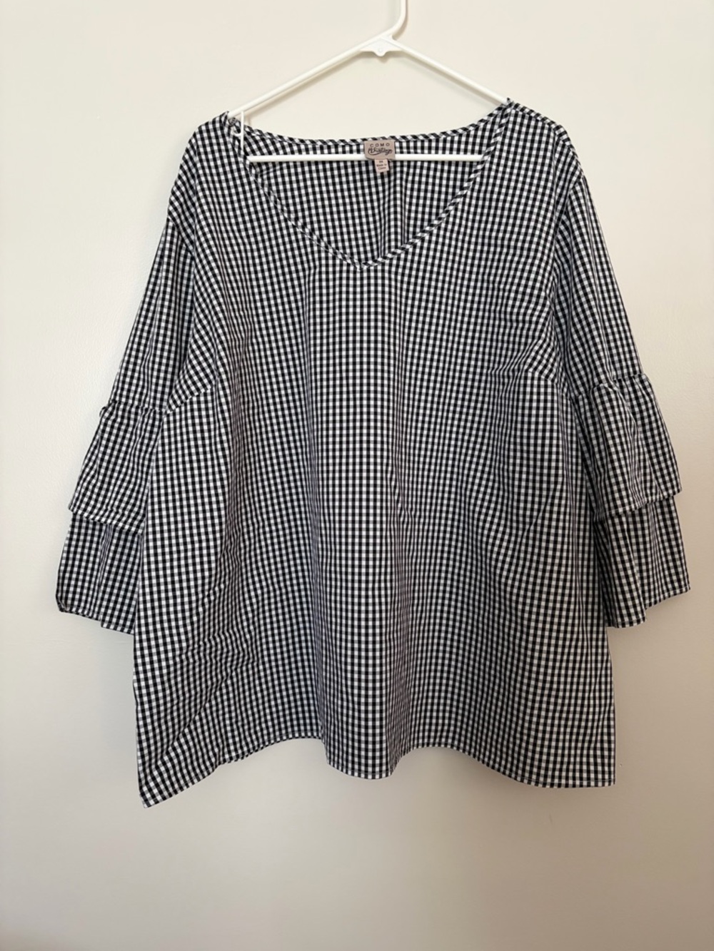 Como Vintage Cotton Blend Black & White Gingham V-Neck Tunic with Bell Sleeves